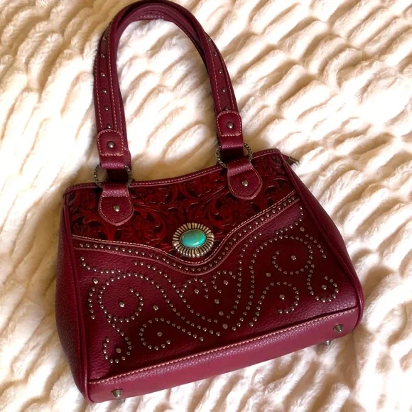 NWT Trinity Ranch Wedtern Tooled Studded Turquoise Shoulder Bag Merlot - Picture 3 of 16